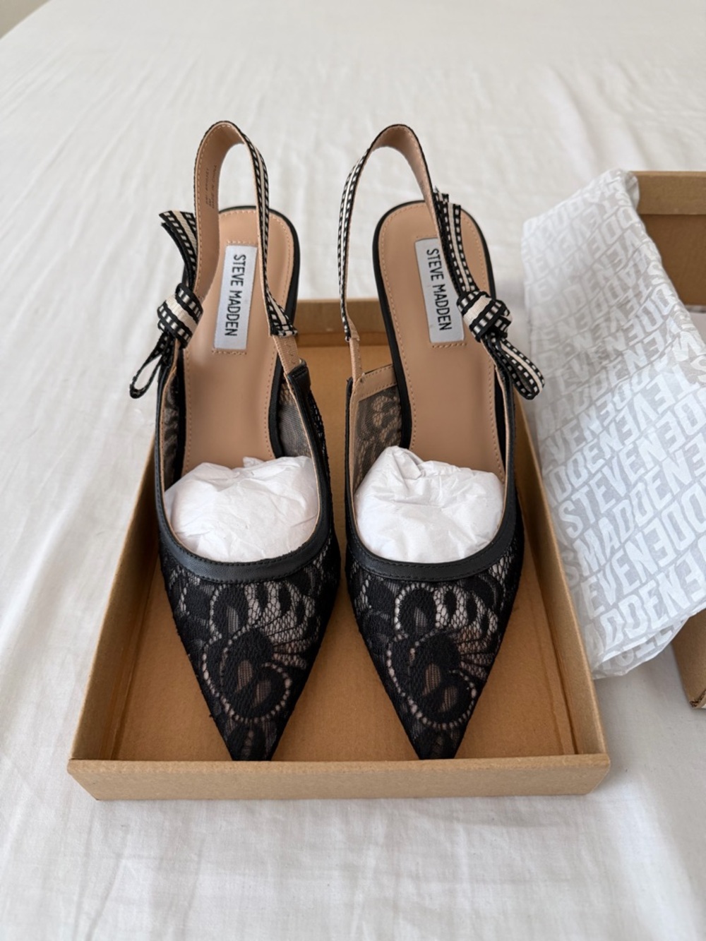 Steve Madden Bri Black Lace Pointed Slingback Pump Heels with Bow Accent